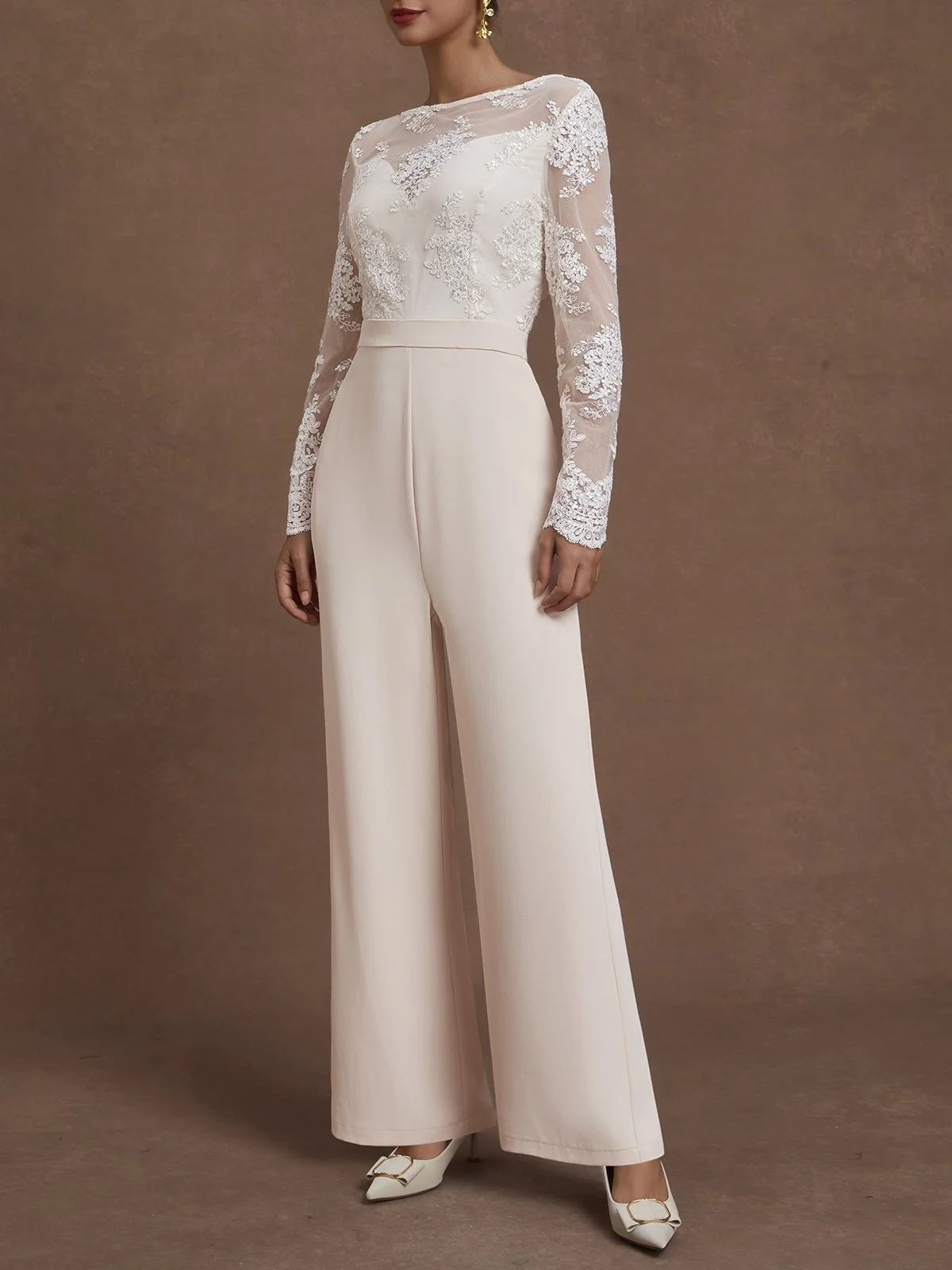 Women Apricot Lace Beaded Boat Neck Long Sleeve Regular Sleeve Dressy Jumpsuit