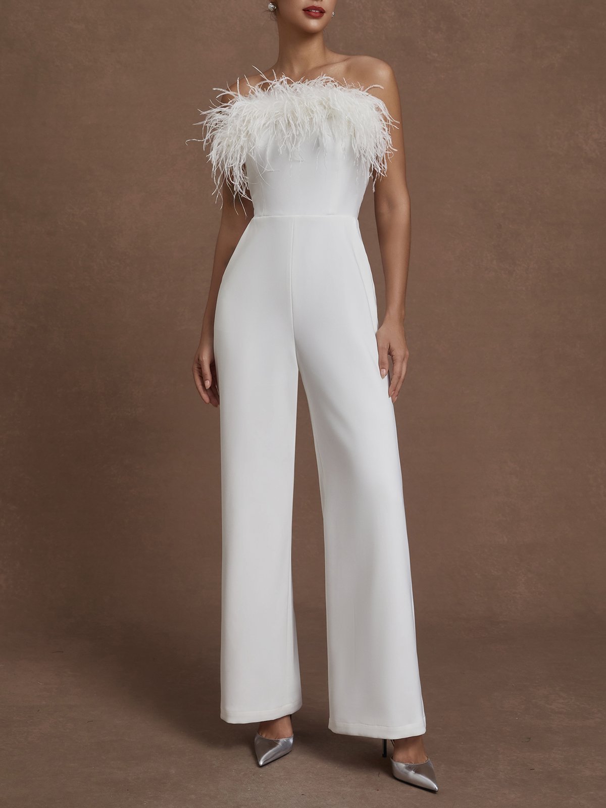 Women White Feather-trimmed Strapless Sleeveless Dressy Jumpsuit