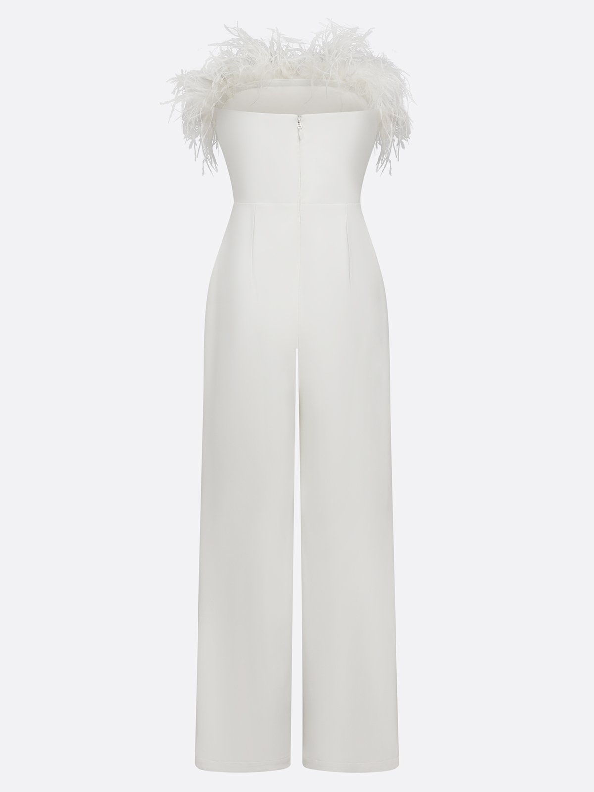 Women White Feather-trimmed Strapless Sleeveless Dressy Jumpsuit
