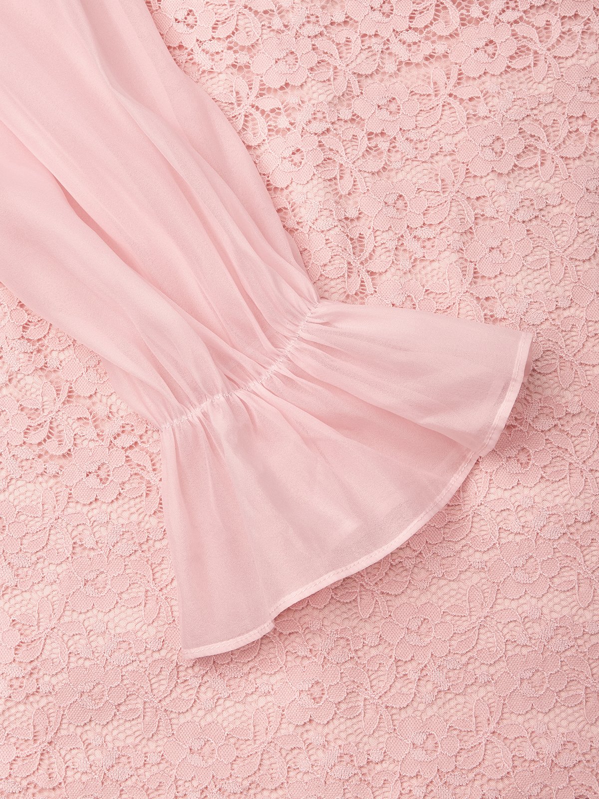 Women Pink Lace Bow Crew Neck Long Sleeve Bell Sleeve Dressy Top With Skirt Two-Piece Set