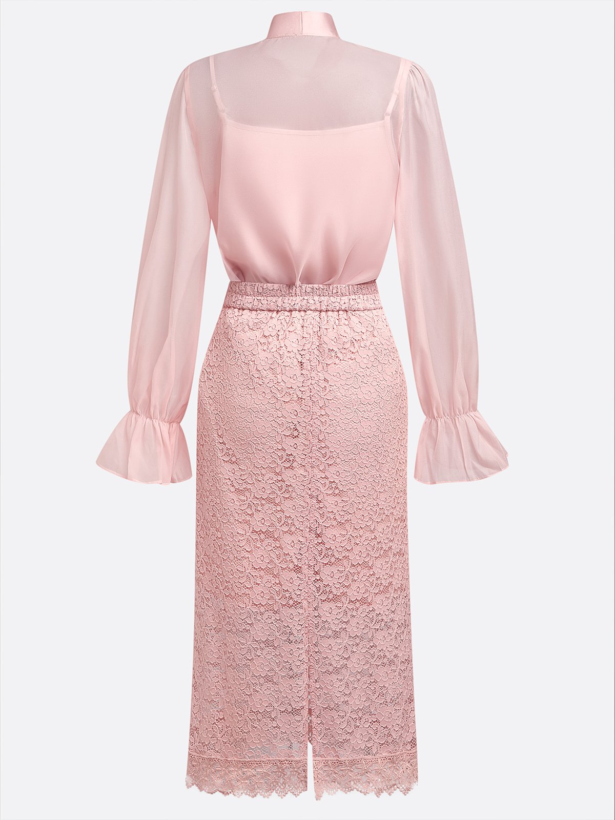 Women Pink Lace Bow Crew Neck Long Sleeve Bell Sleeve Dressy Top With Skirt Two-Piece Set