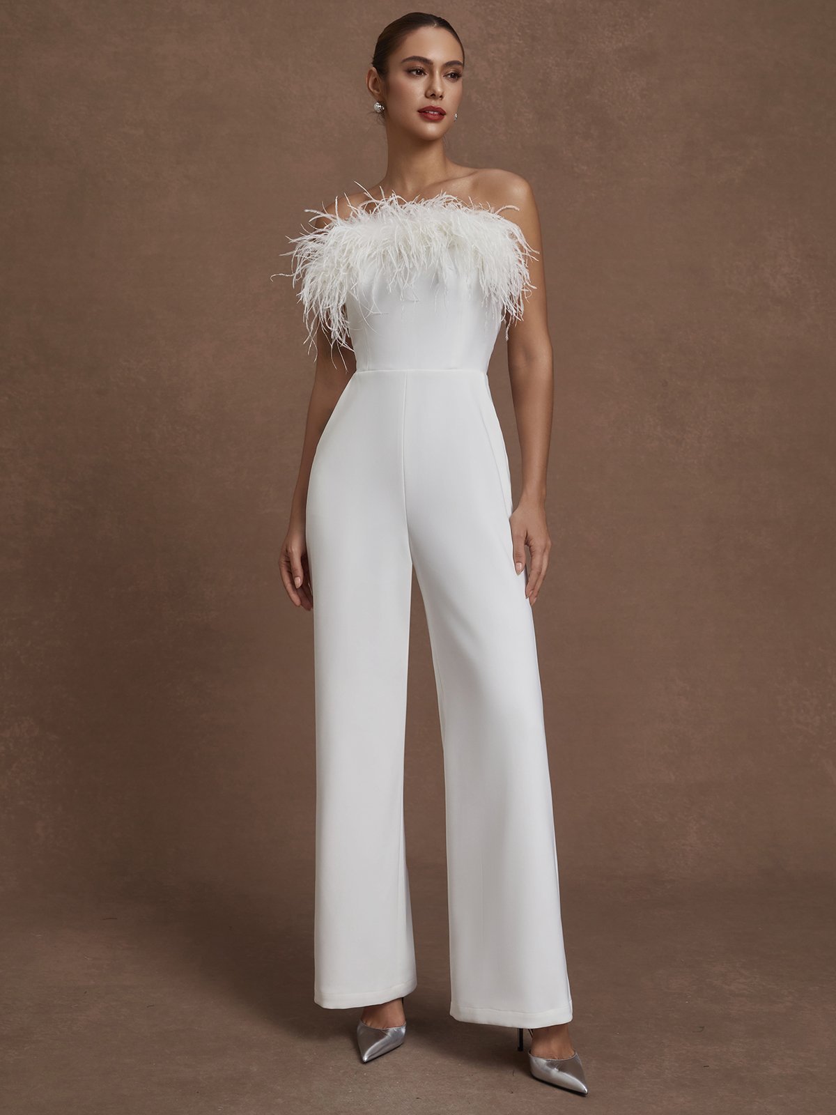 Women White Feather-trimmed Strapless Sleeveless Dressy Jumpsuit