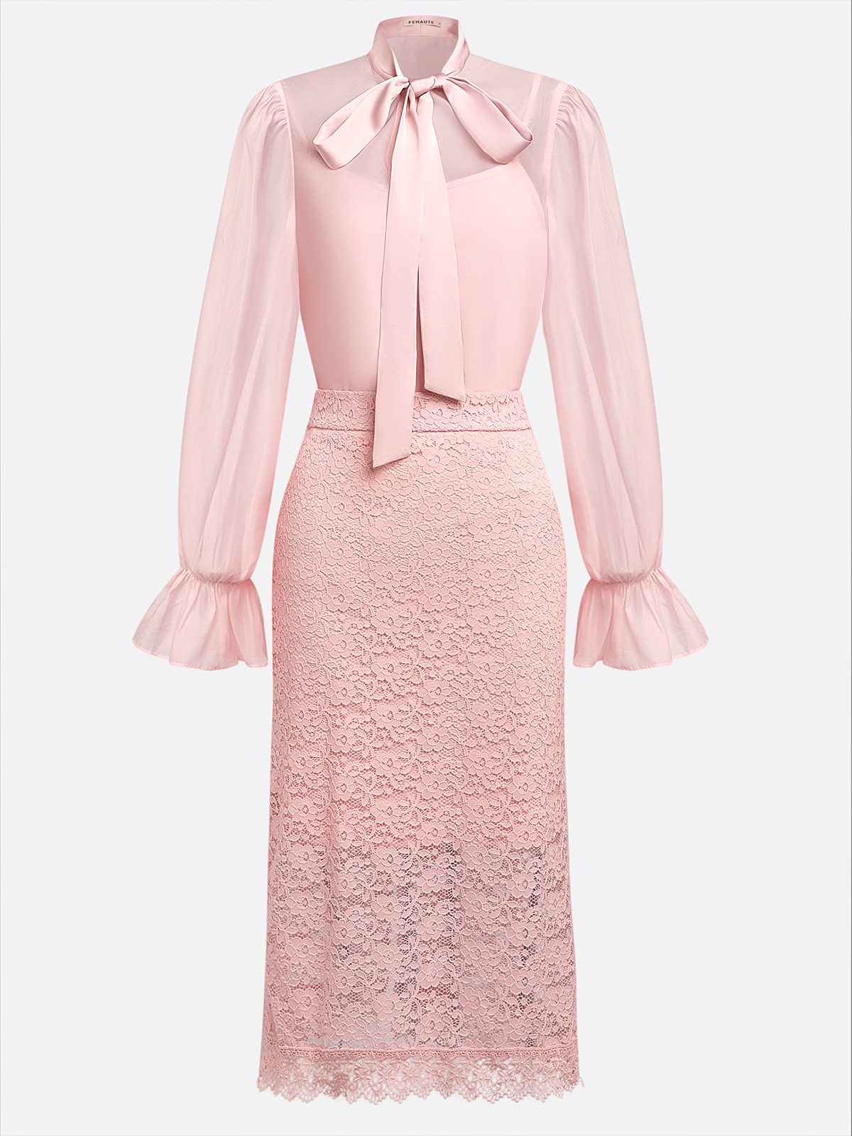Women Pink Lace Bow Crew Neck Long Sleeve Bell Sleeve Dressy Top With Skirt Two-Piece Set