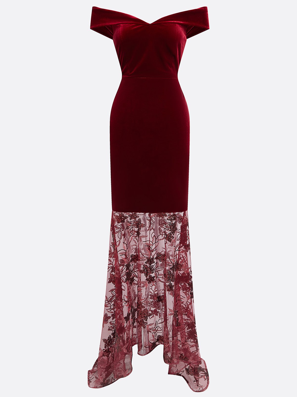 Wine Red Beaded Lace Velvet Off The Shoulder Short Sleeve Mermaid Gown Dress
