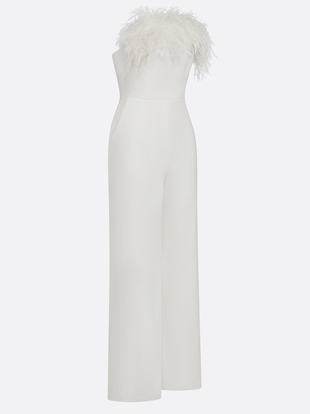 Women White Feather-trimmed Strapless Sleeveless Dressy Jumpsuit