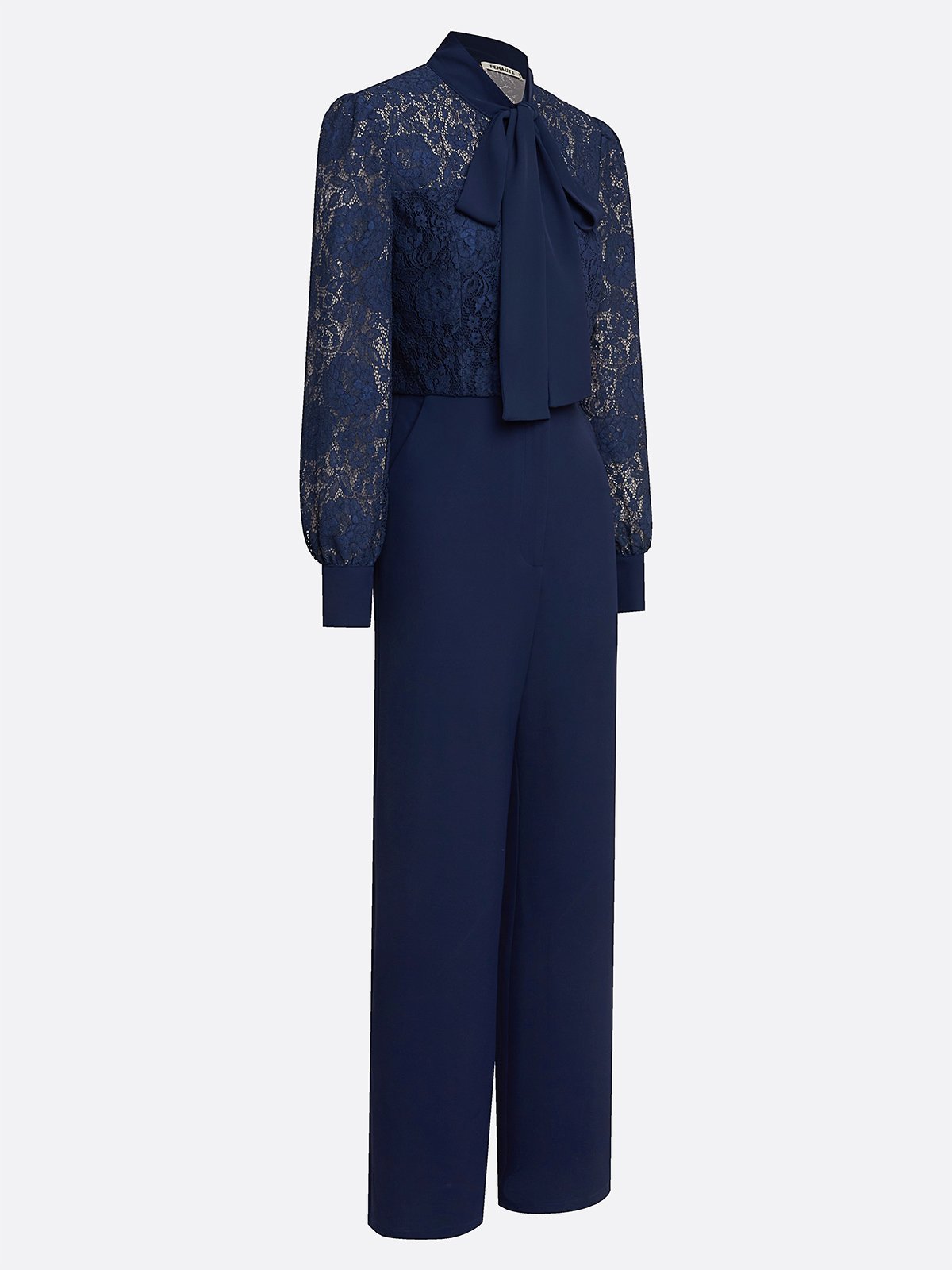 Women Purplish Blue Lace Bow Tie Neck Long Sleeve Balloon Sleeve Dressy Jumpsuit