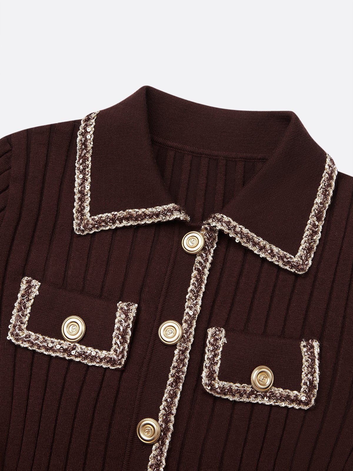 Red Brown Piping Buckle Sweater Shawl Collar Long Sleeve A-Line Midi Dress