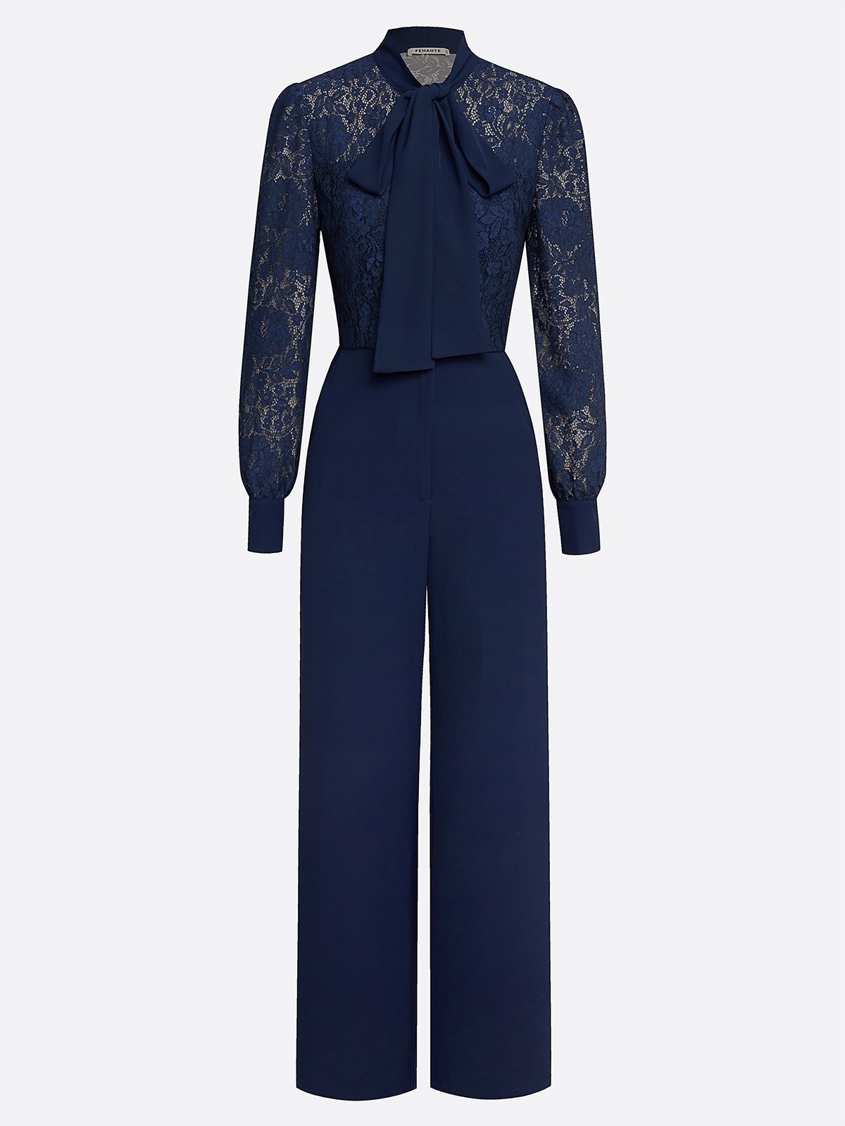 Women Purplish Blue Lace Bow Tie Neck Long Sleeve Balloon Sleeve Dressy Jumpsuit