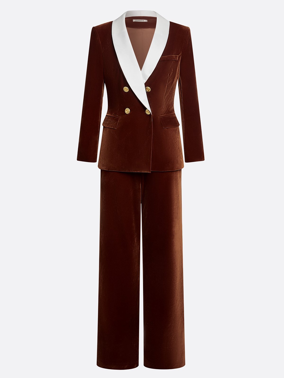 Women Brown Velvet Buckle Shawl Collar Long Sleeve Dressy Coat With Pants Two-Piece Set