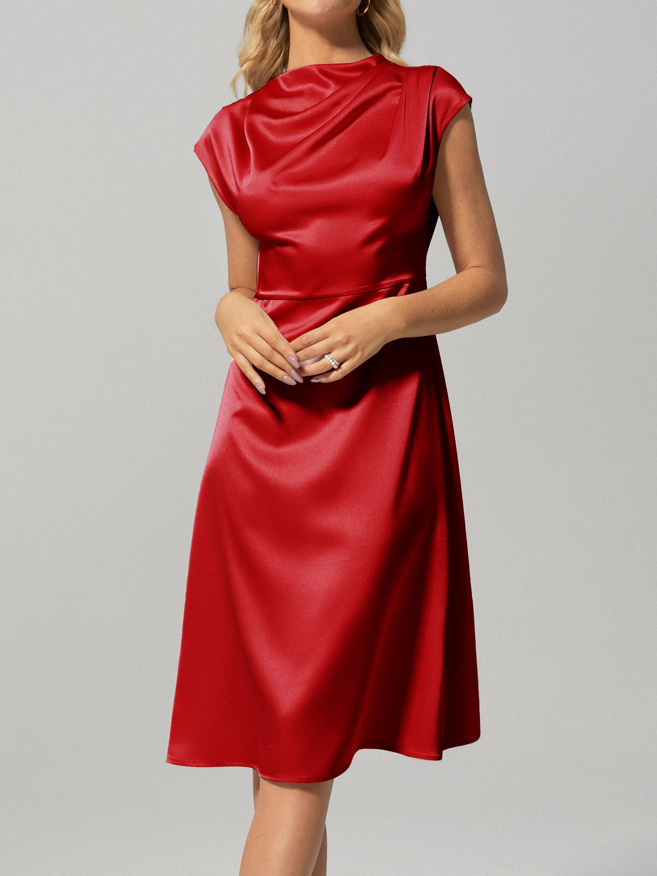 Red High Neck Satin Sleeveless A-Line Midi Dress