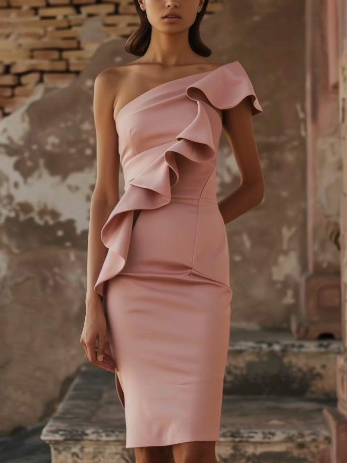Pink One-Shoulder Ruffled Sheath Midi Dress 