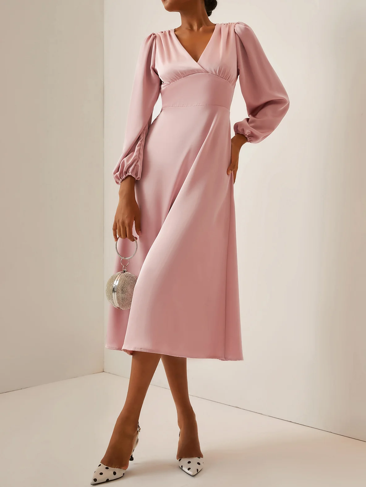 Pink V Neck Long Puff Sleeve A-Line Midi Dress
