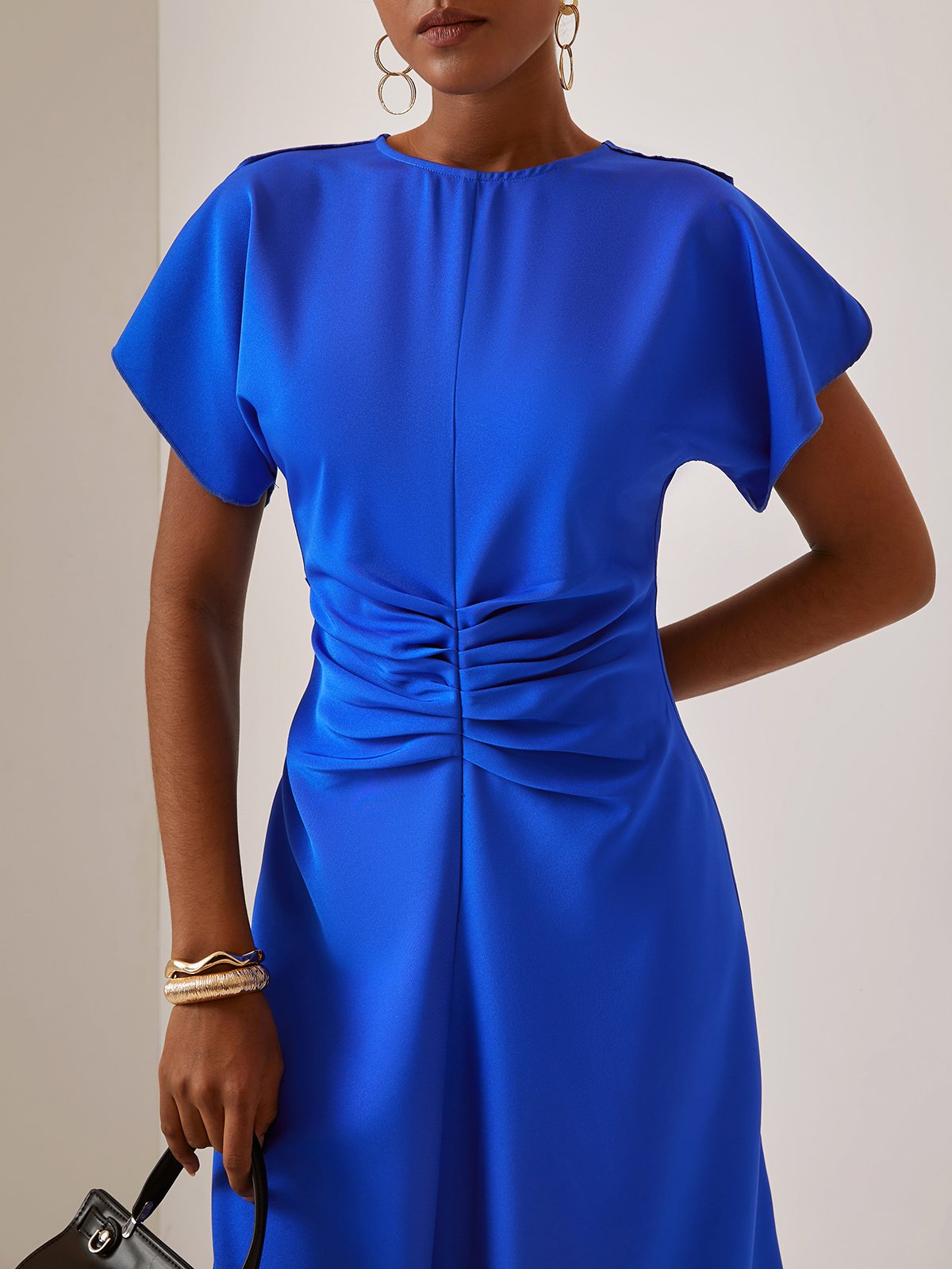 Blue Ruched Crew Neck Short Sleeve A-line Midi Dress