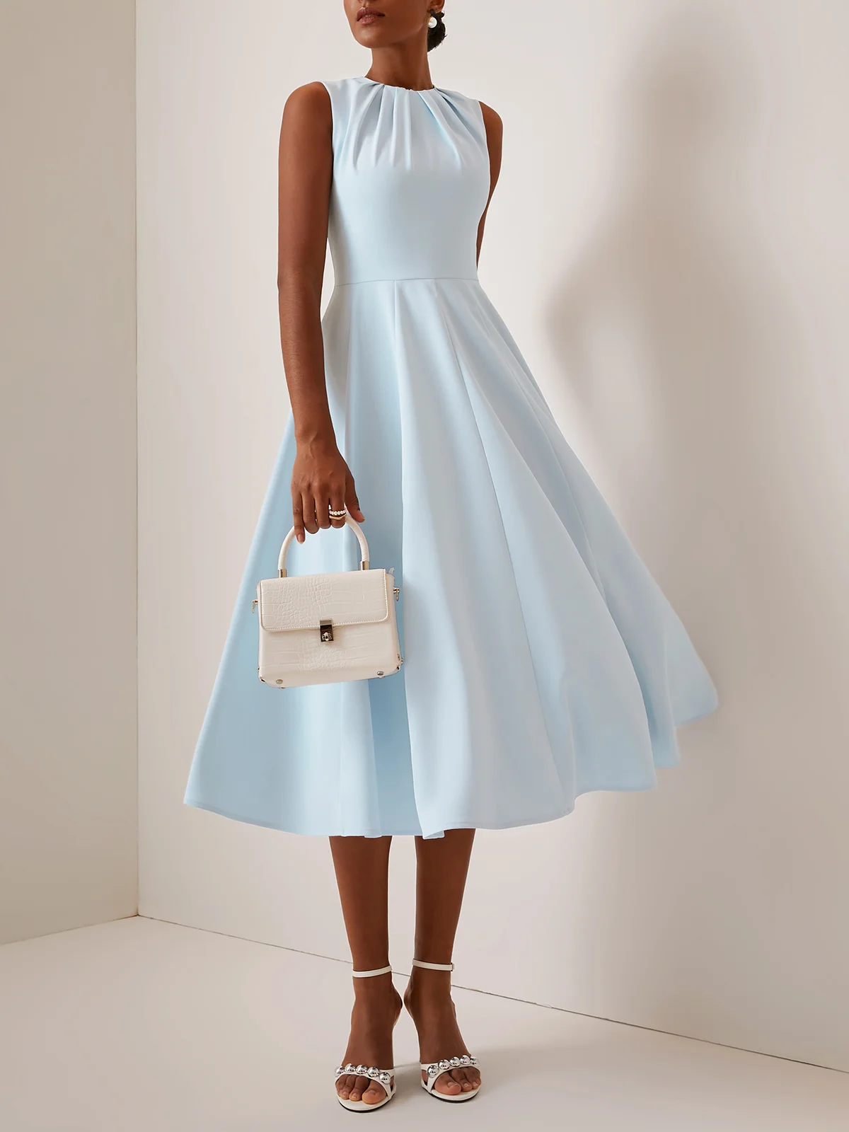 Blue Ruched Crew Neck Sleeveless A-Line Midi Dress