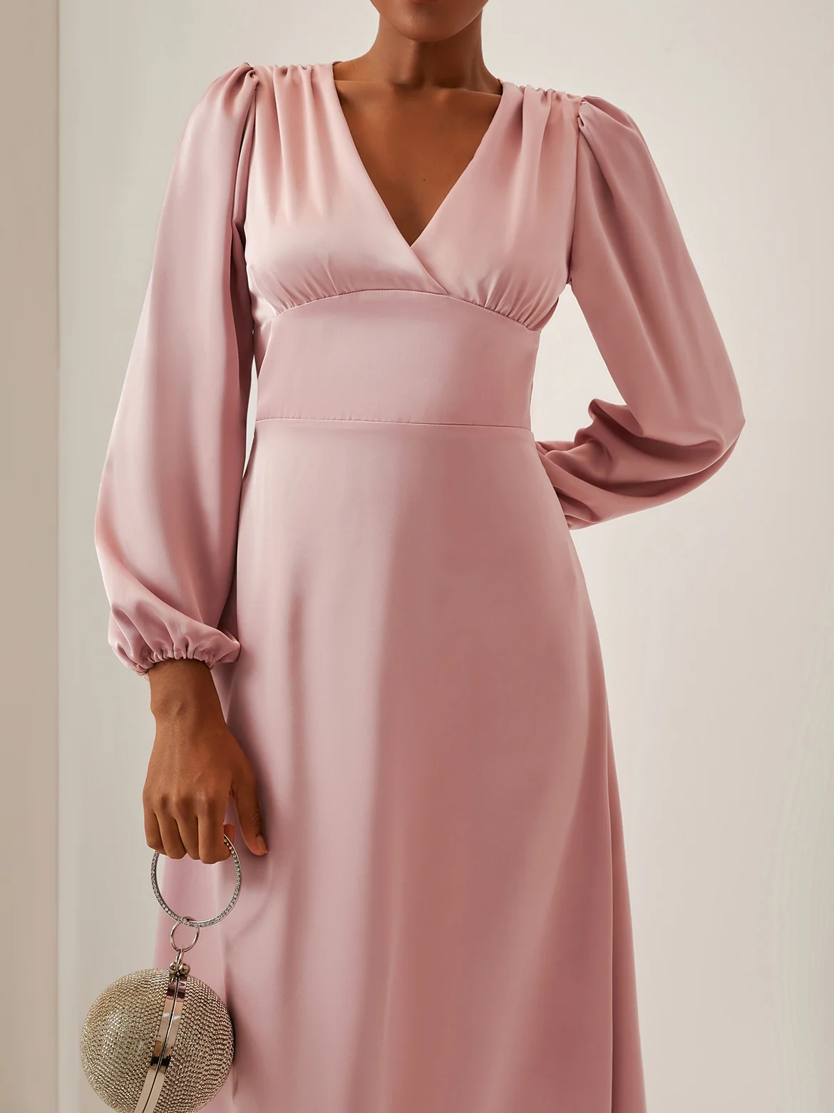 Pink V Neck Long Puff Sleeve A-Line Midi Dress