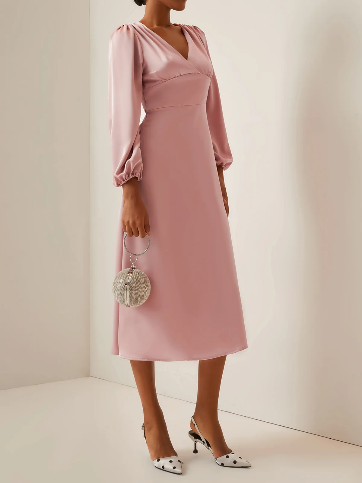 Pink V Neck Long Puff Sleeve A-Line Midi Dress