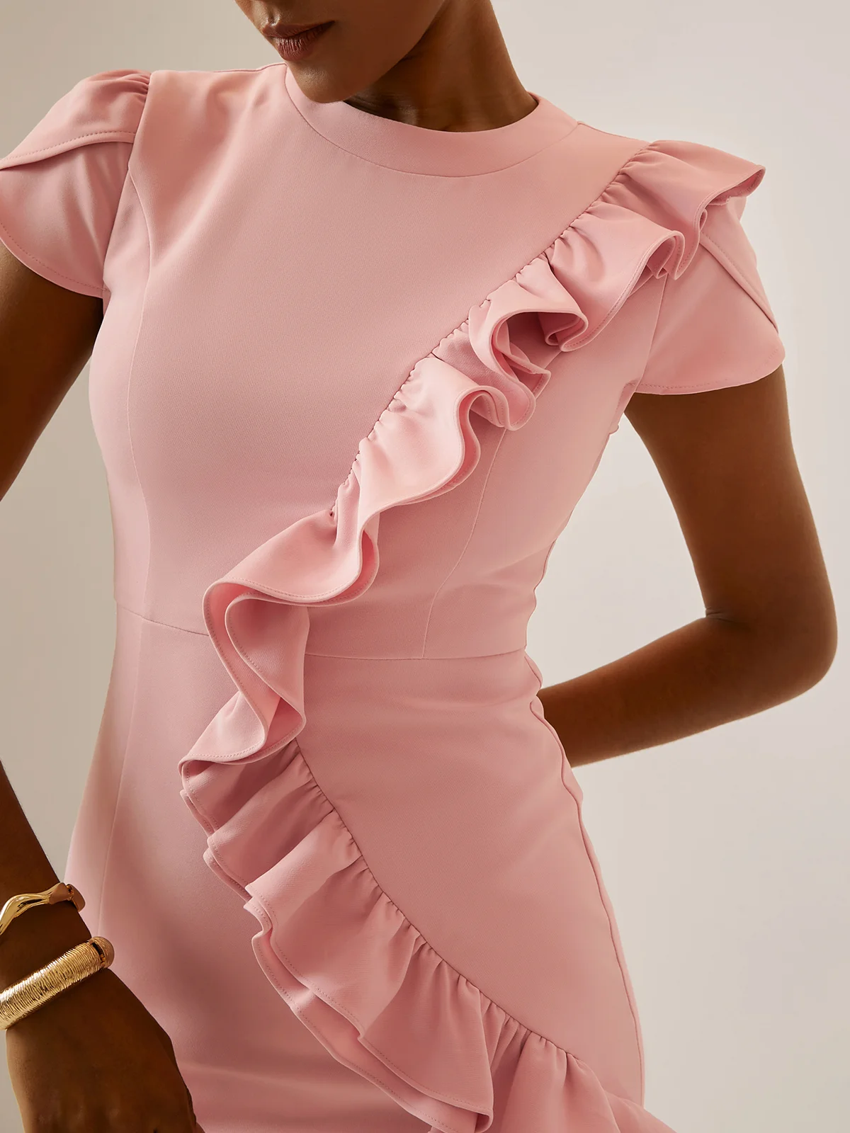 Pink Ruffled Short Sleeve Sheath Mini Dress