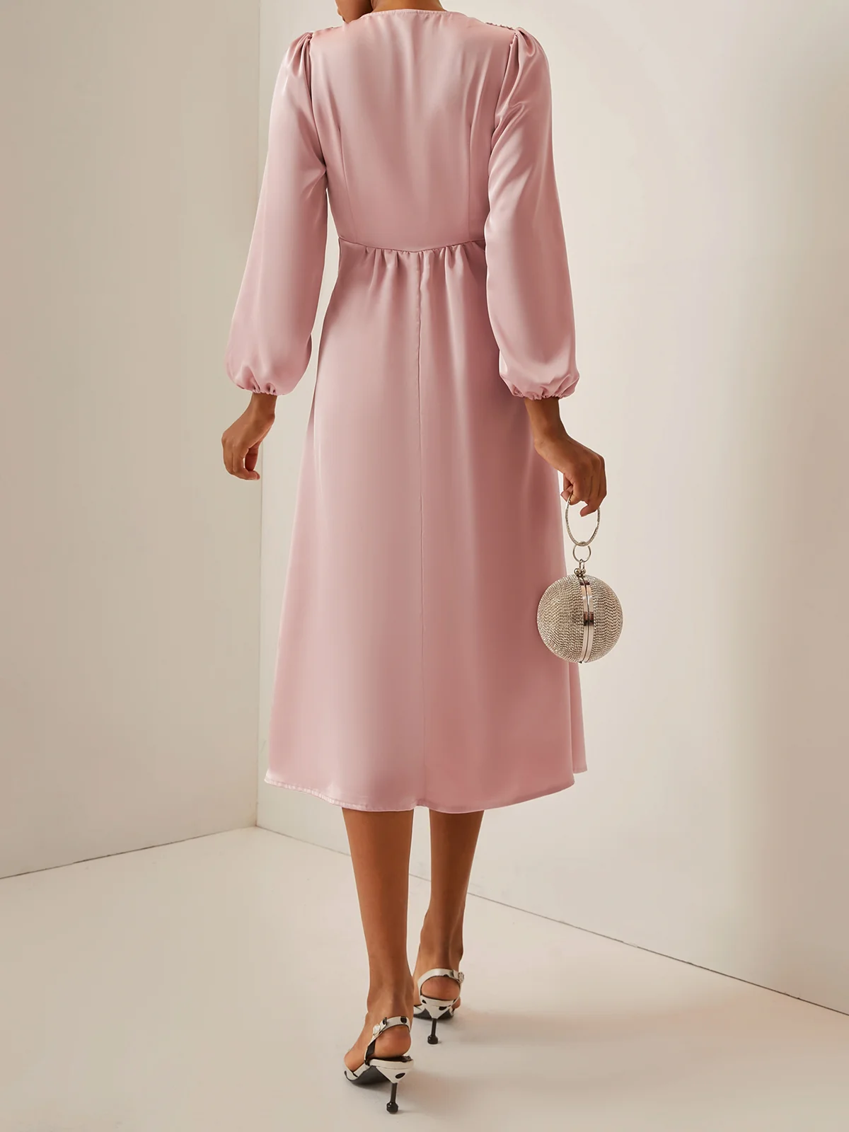 Pink V Neck Long Puff Sleeve A-Line Midi Dress