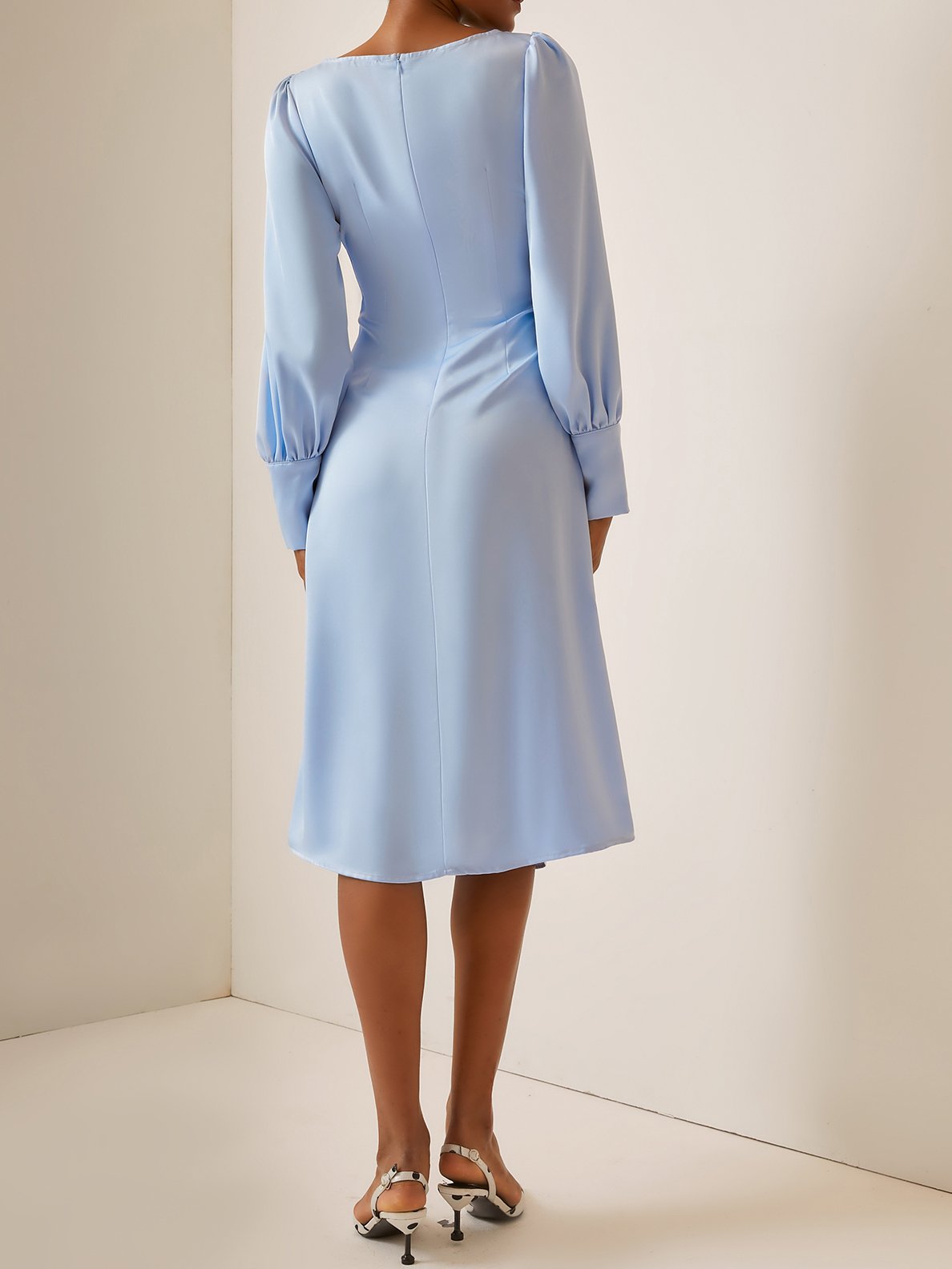 Blue Square Neck Long Sleeve A-Line Midi Dress