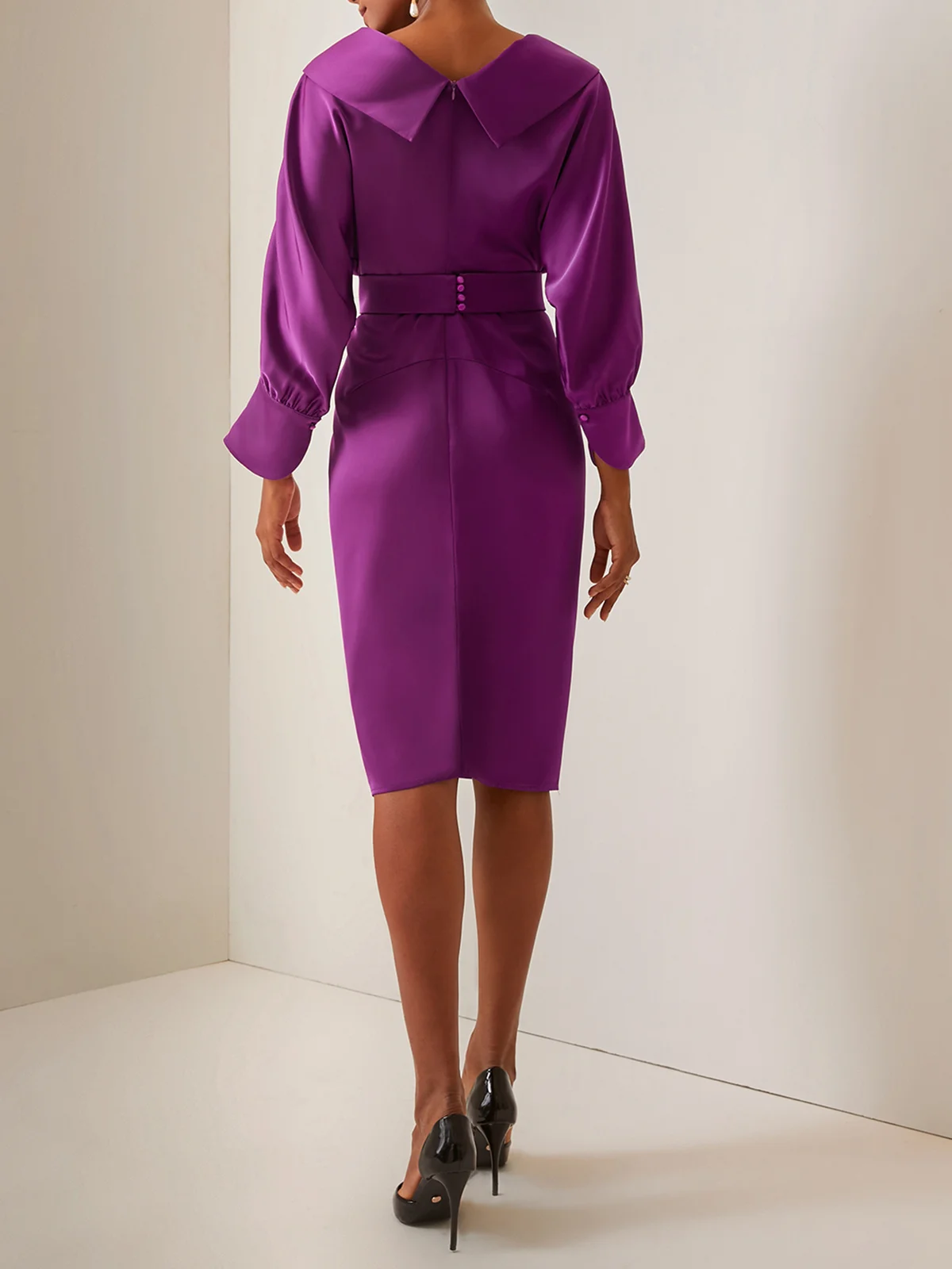 Purple Collared V Neck Long Sleeve Satin Sheath Midi Dress