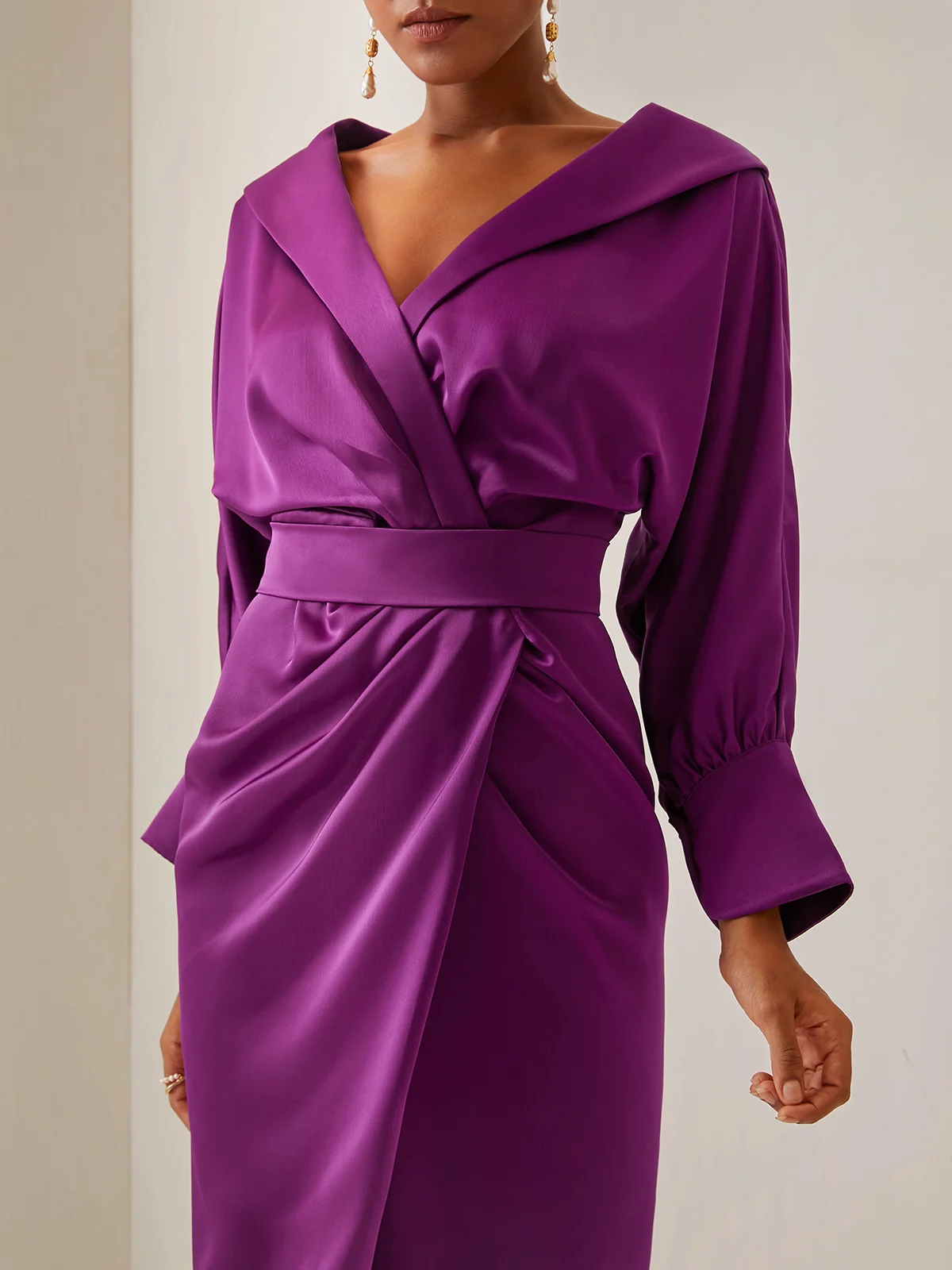 Purple Collared V Neck Long Sleeve Satin Sheath Midi Dress
