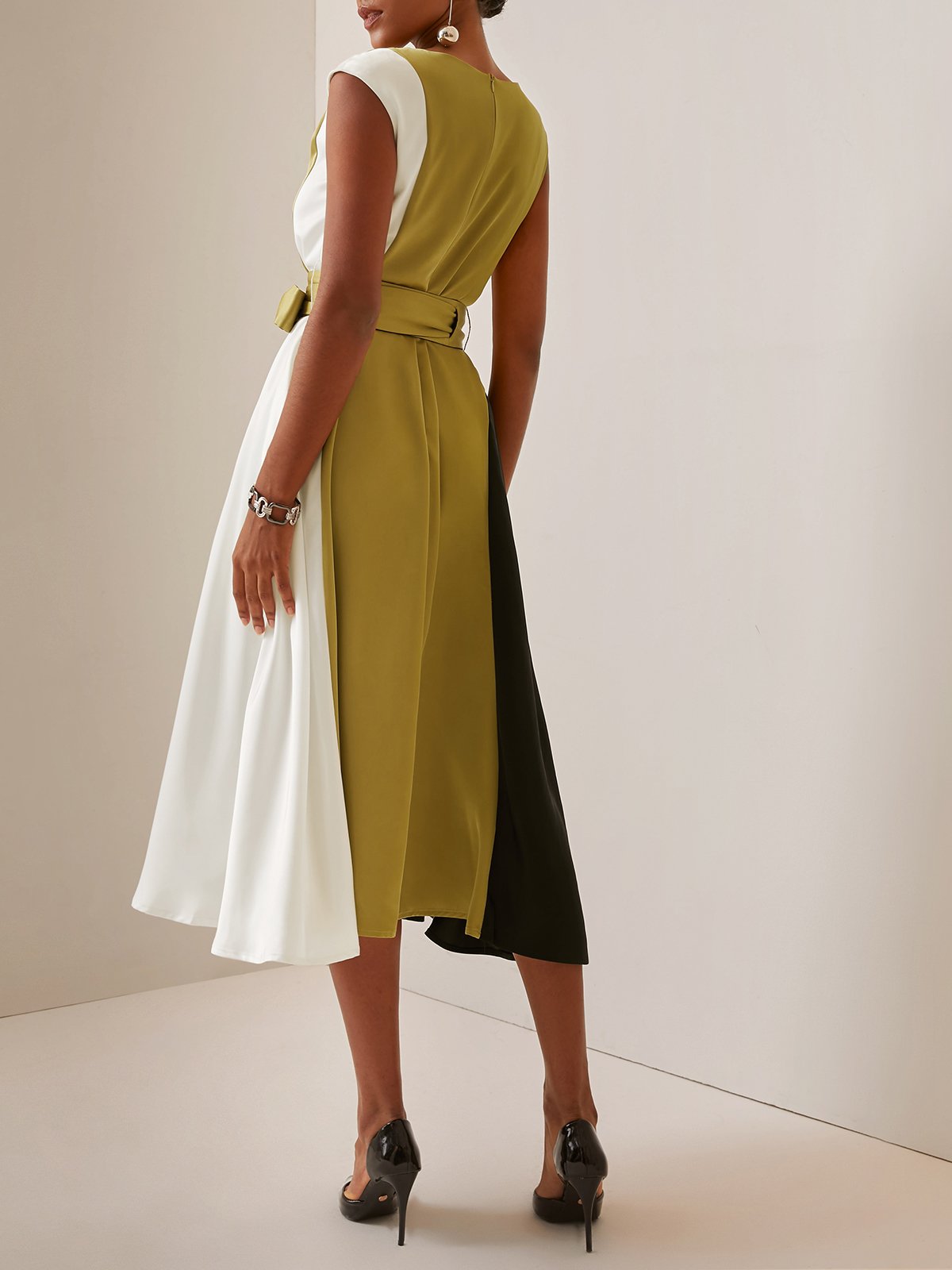 Green Color Block Cap Sleeve Satin Tie Waist A-Line Midi Dress