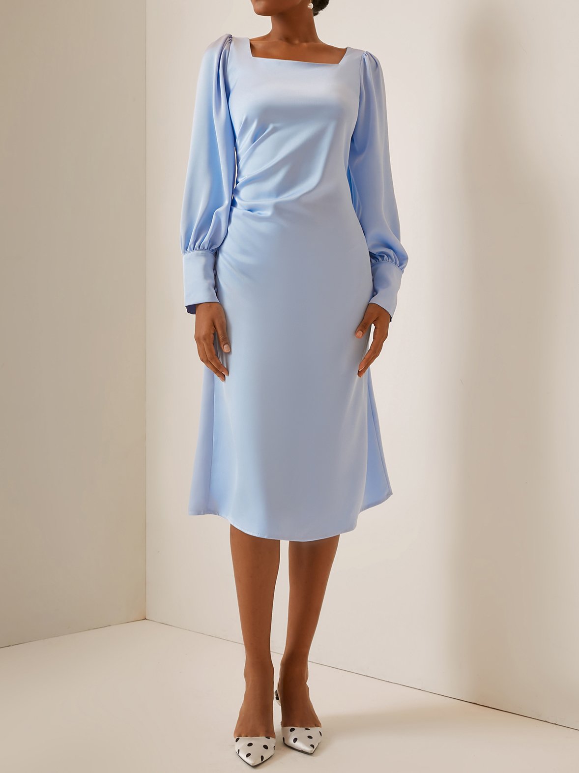 Blue Square Neck Long Sleeve A-Line Midi Dress