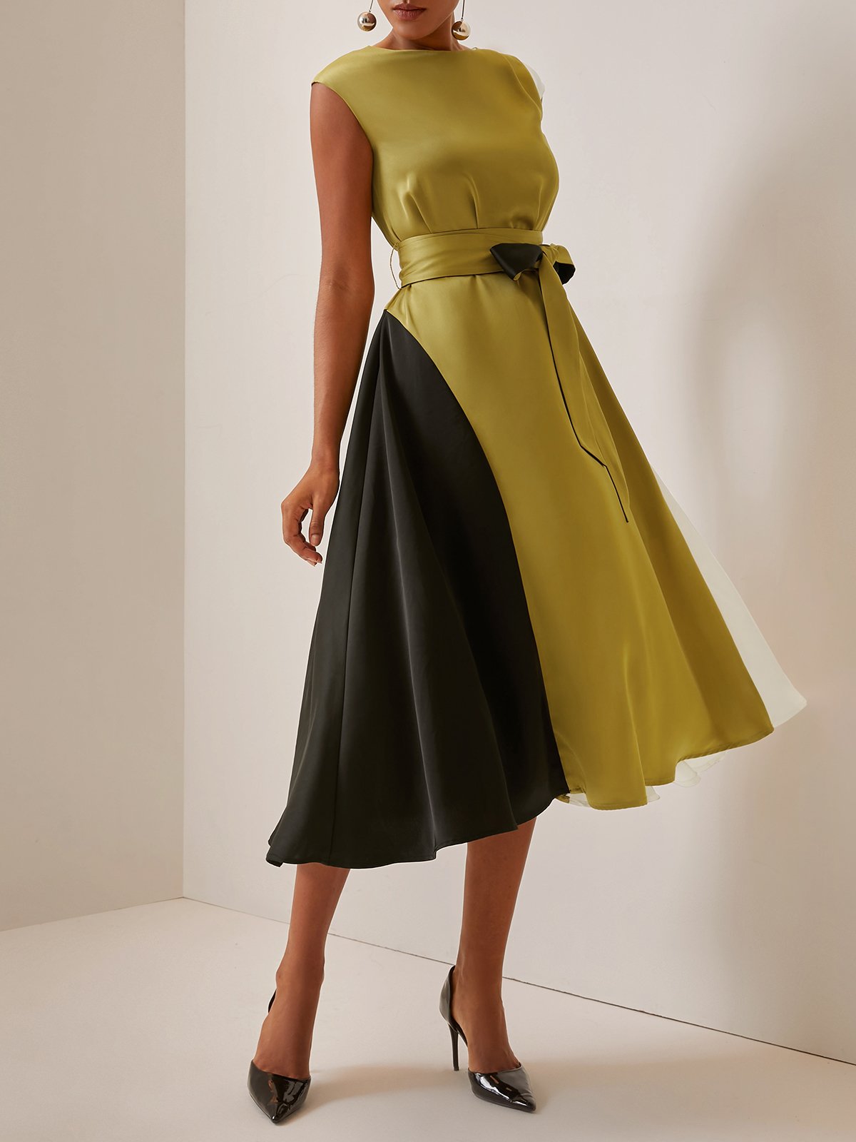 Green Color Block Cap Sleeve Satin Tie Waist A-Line Midi Dress
