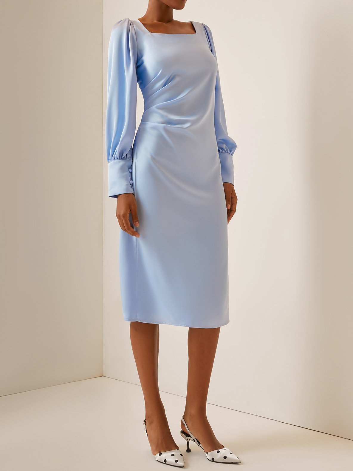 Blue Square Neck Long Sleeve A-Line Midi Dress
