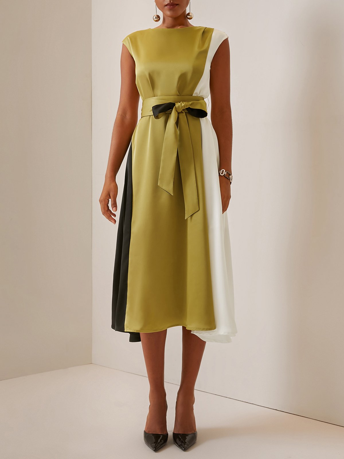 Green Color Block Cap Sleeve Satin Tie Waist A-Line Midi Dress