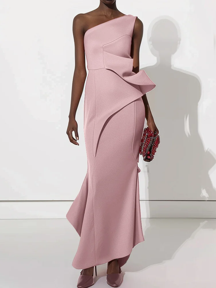 Black Ruched One Shoulder Sleeveless Sheath Maxi Dress