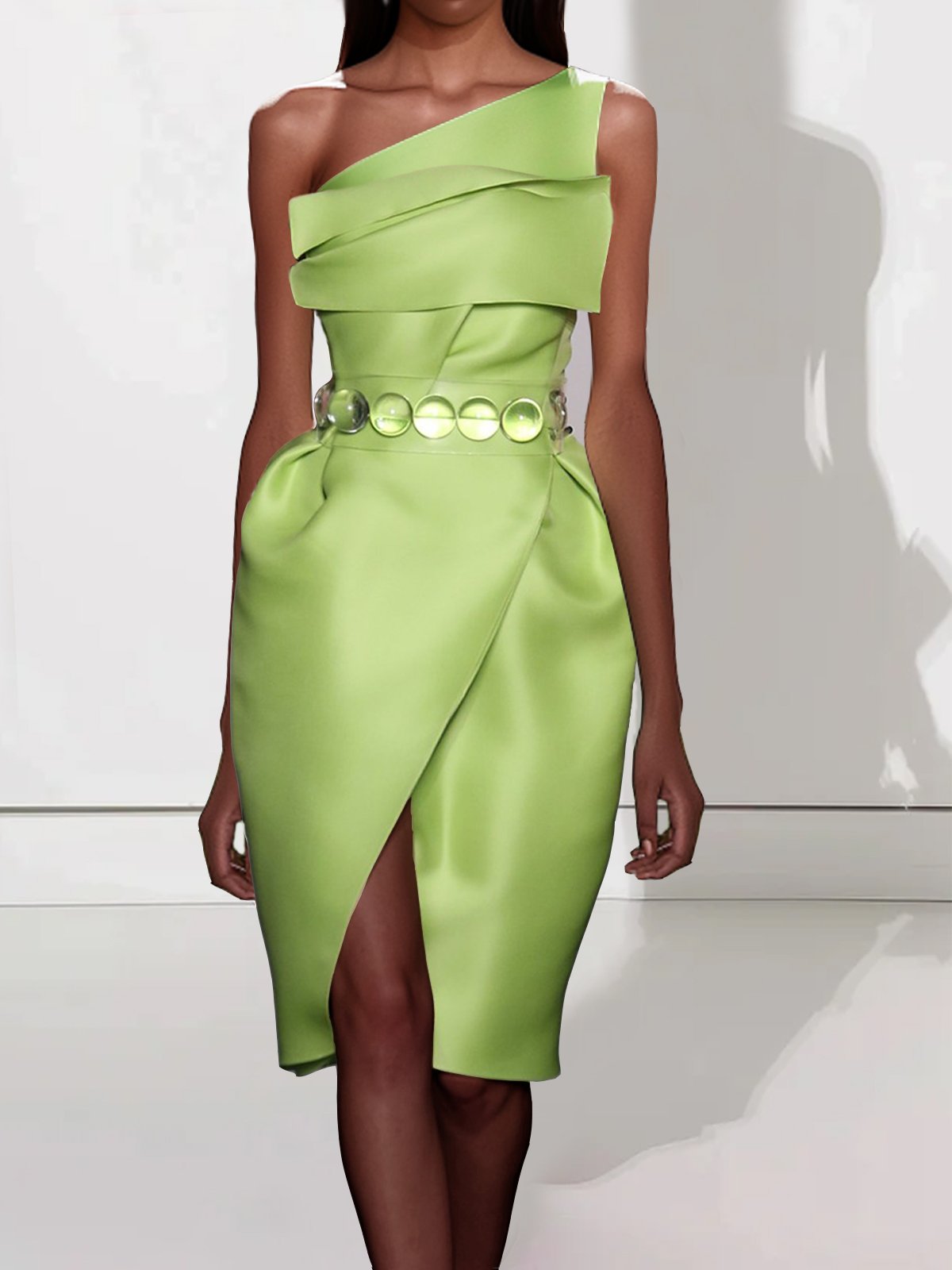 Green Ruched One Shoulder Sleeveless Sheath Midi Dress