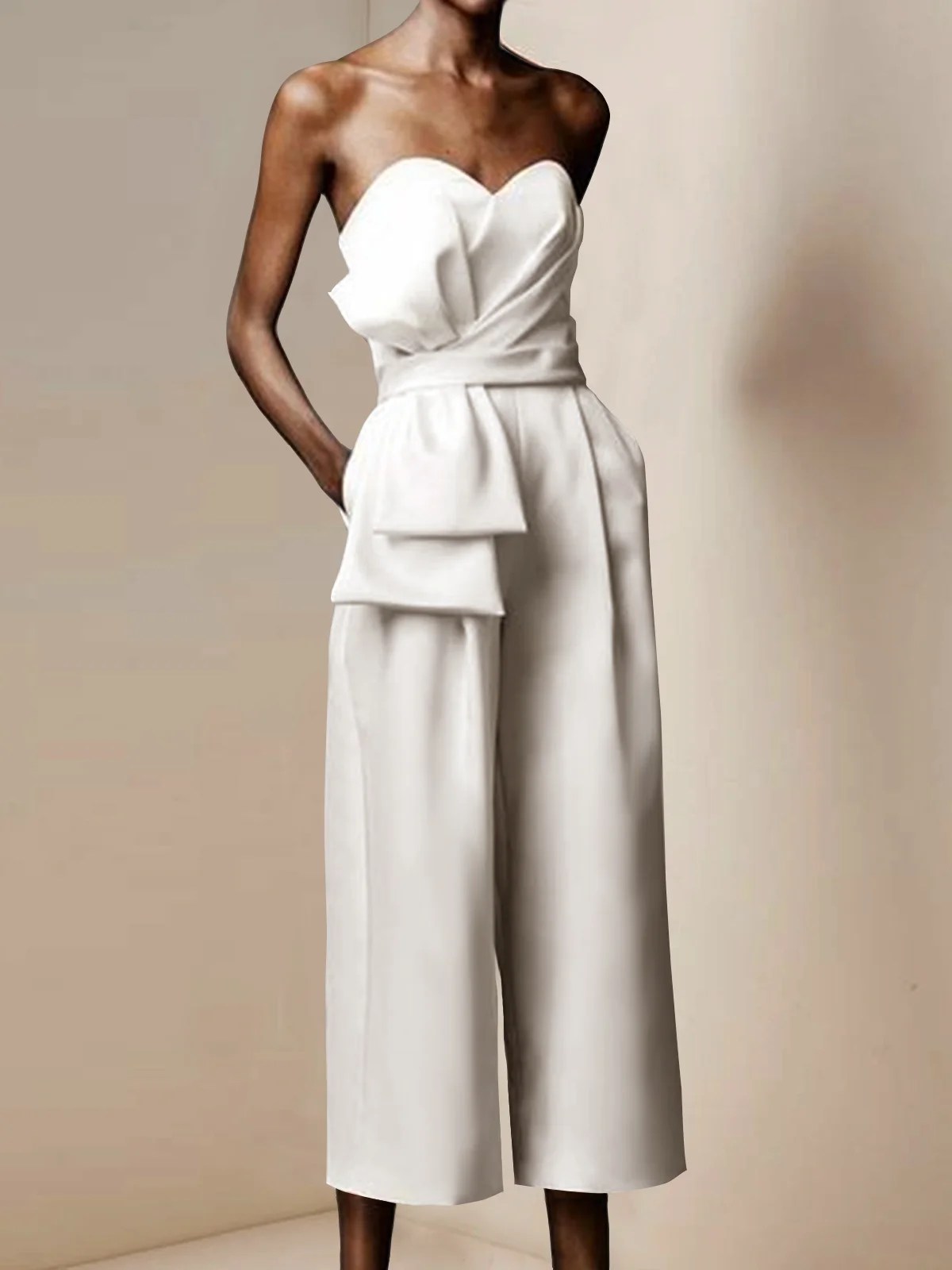 Women Off-White Strapless Bow Jumpsuit