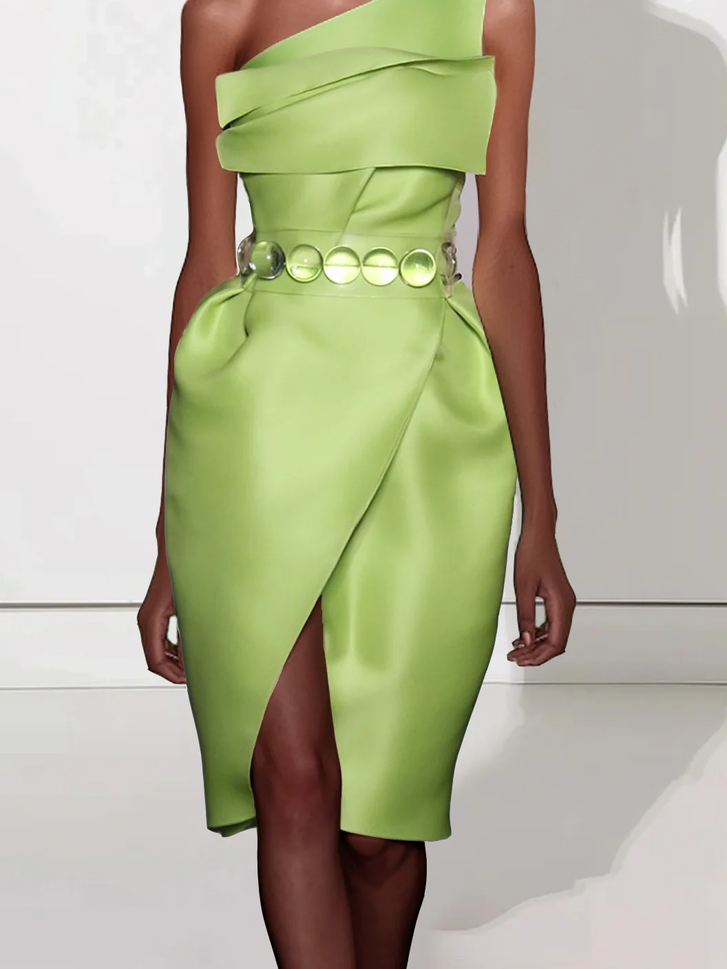 Green Ruched One Shoulder Sleeveless Sheath Midi Dress