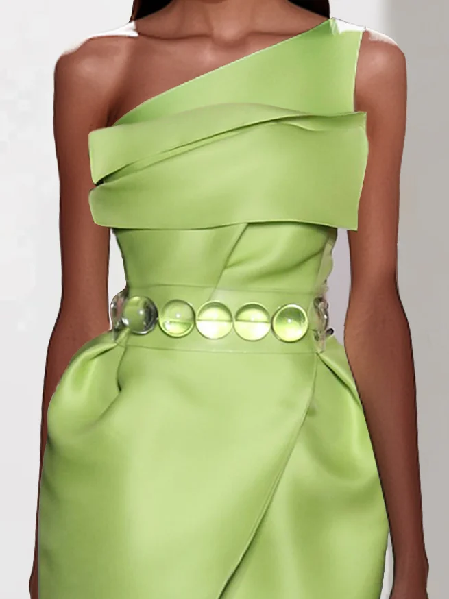 Green Ruched One Shoulder Sleeveless Sheath Midi Dress