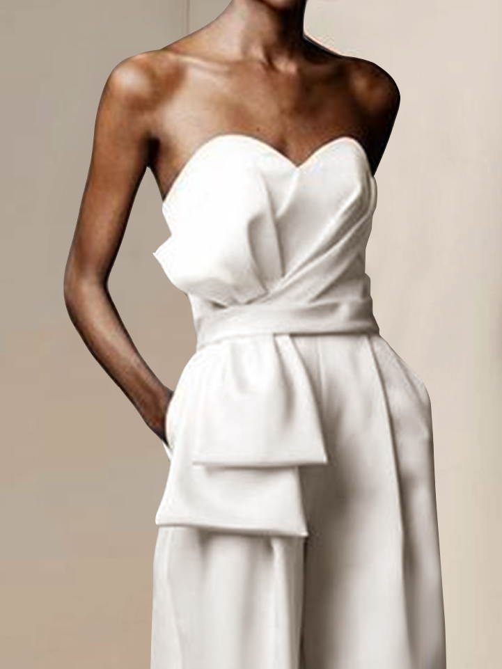 Women Off-White Strapless Bow Jumpsuit