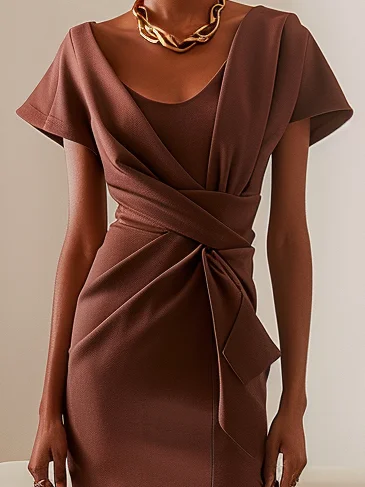 Brown Ruched Short Sleeve A-Line Midi Dress