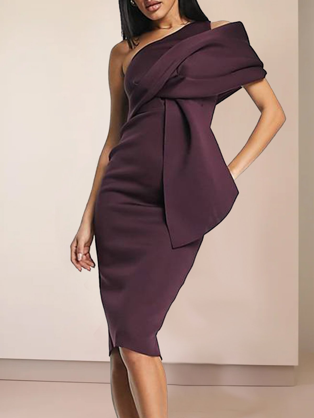 Coffee Brown One Shoulder Ruched Sheath Midi Dress