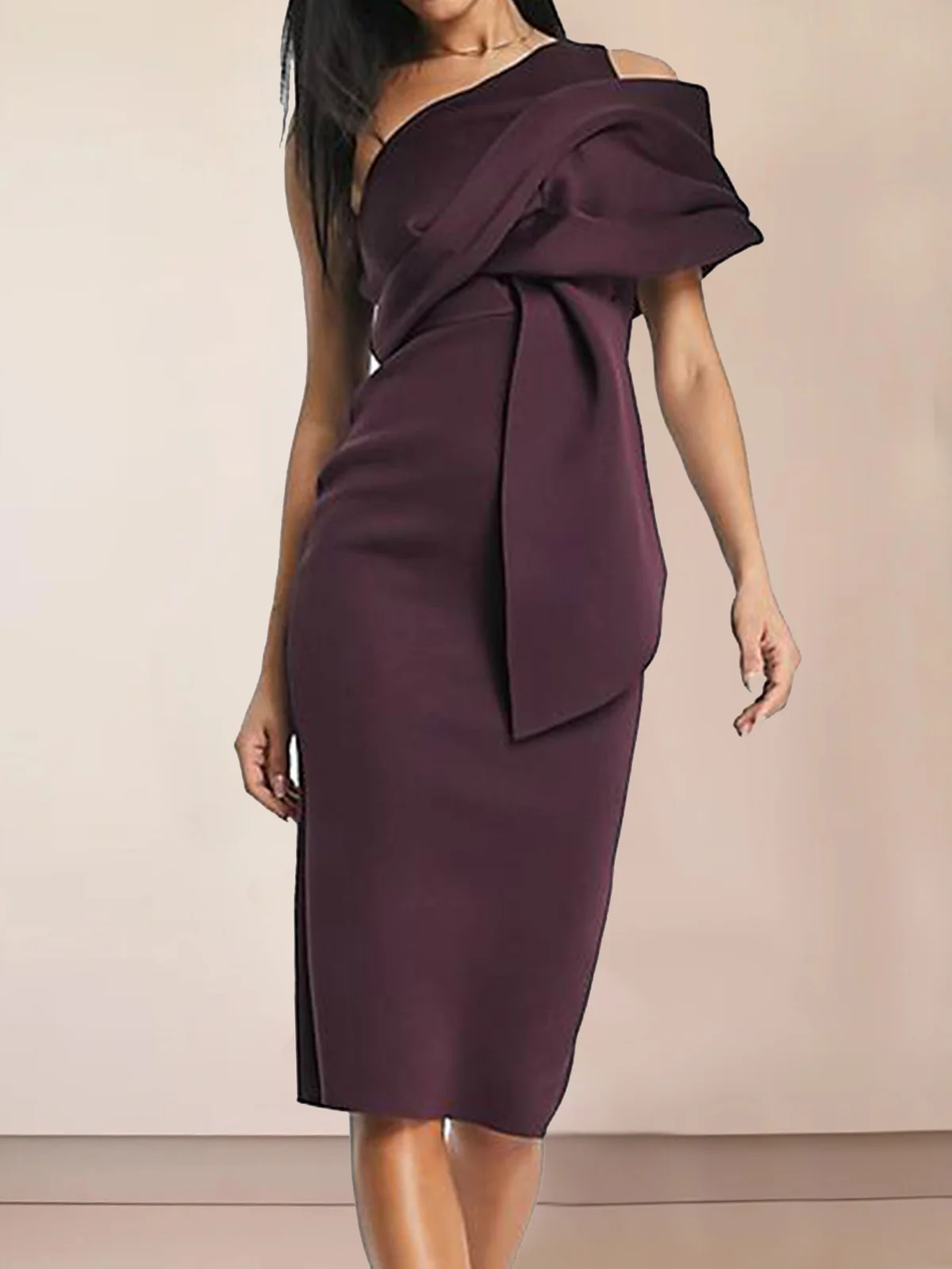 Coffee Brown One Shoulder Ruched Sheath Midi Dress