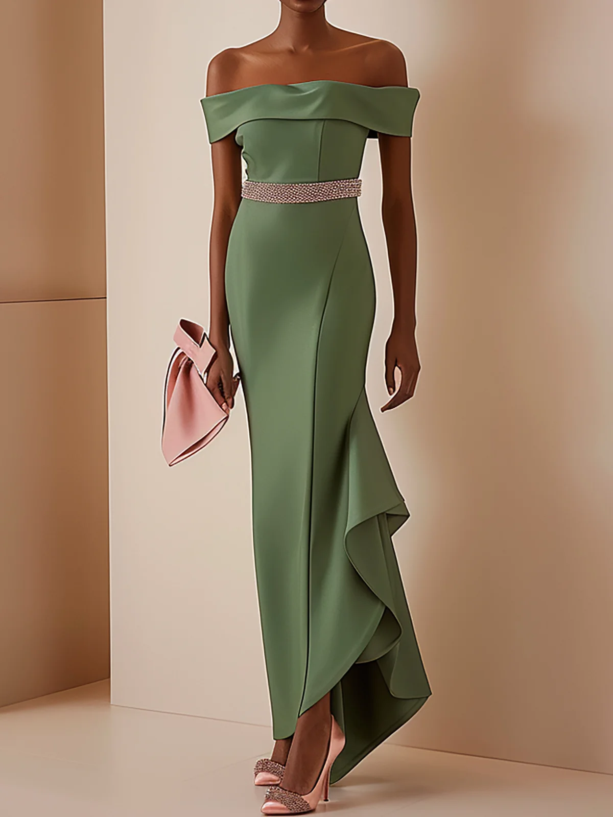 Green Ruched Off The Shoulder Rhinestone Sheath Maxi Dress