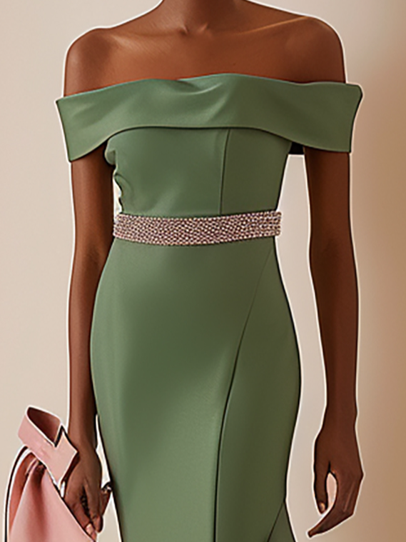 Green Ruched Off The Shoulder Rhinestone Sheath Maxi Dress