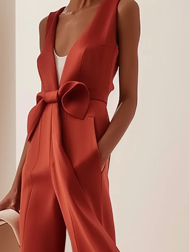 Women Red Sleeveless V Neck Bow Wide-Leg Jumpsuit