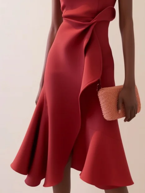 Red Ruffled Short Sleeve A-line Midi Dress 