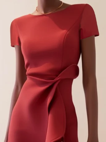 Red Ruffled Short Sleeve A-line Midi Dress 
