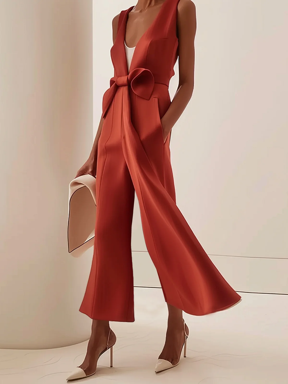 Women Red Sleeveless V Neck Bow Wide-Leg Jumpsuit