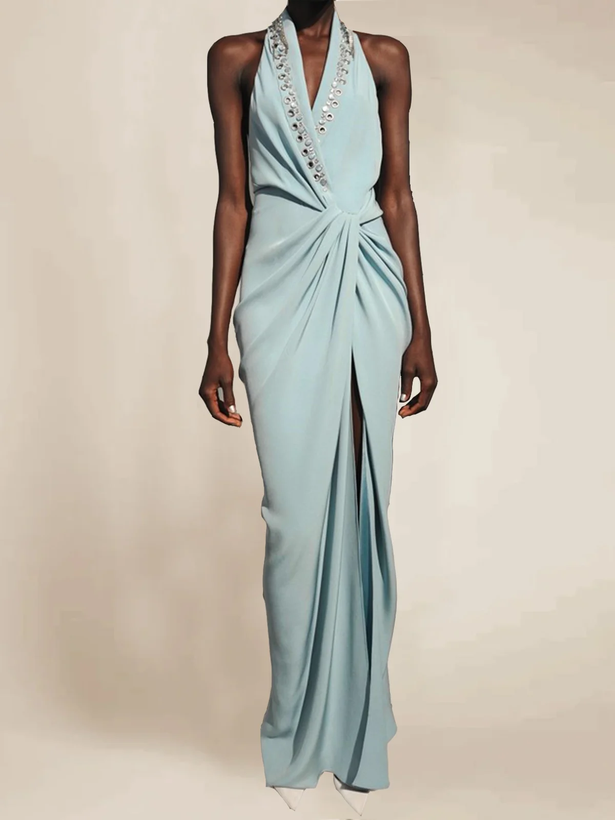 Blue Halter Rhinestones Knot Front Slit Sheath Gown Maxi Dress 