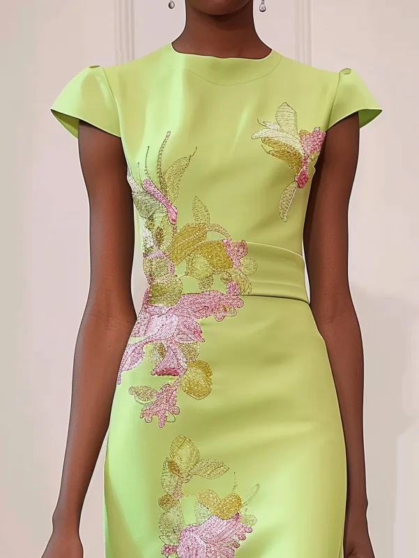 Green Floral Embroidered Cap Sleeve Slit Sheath  Maxi Dress