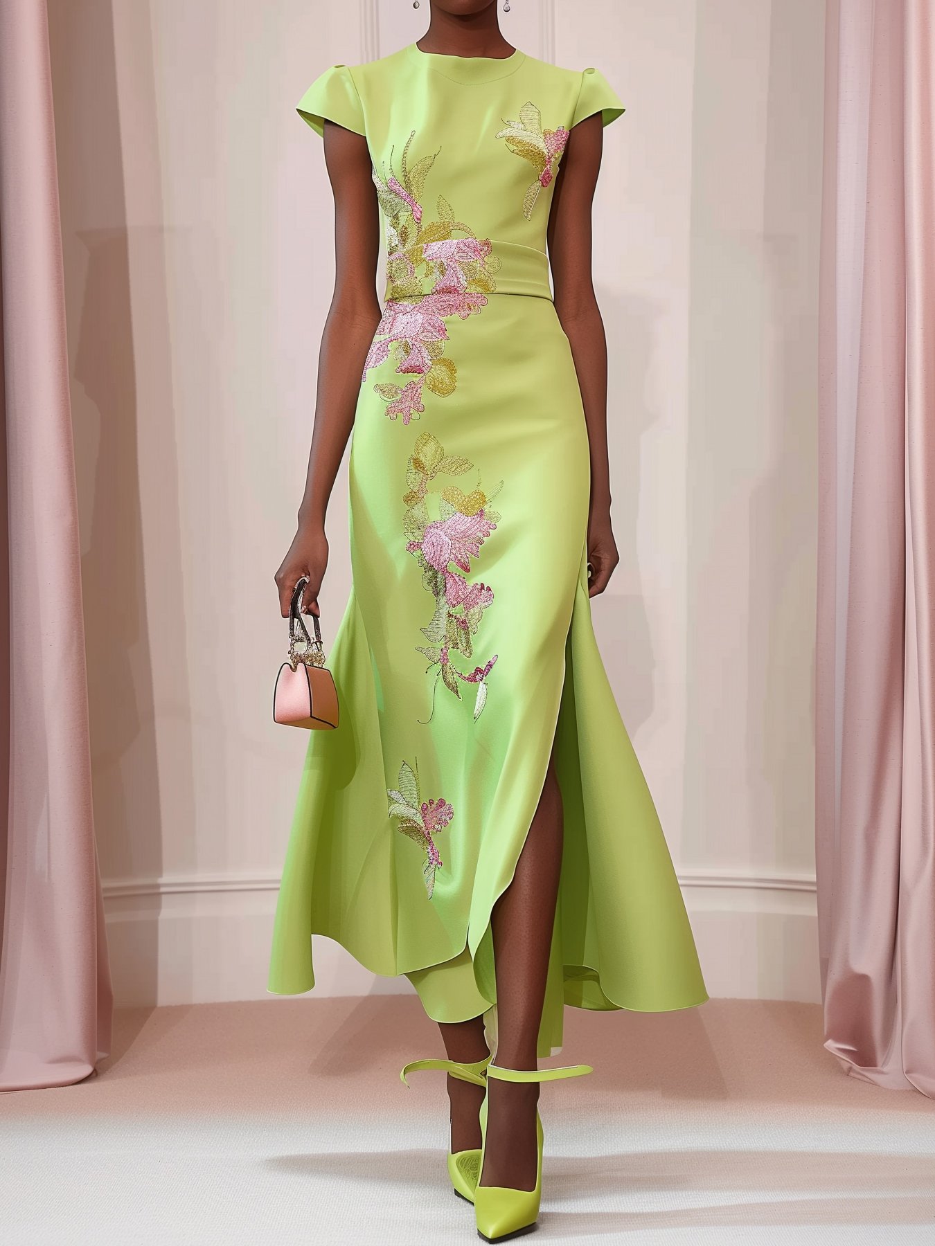 Green Floral Embroidered Cap Sleeve Slit Sheath  Maxi Dress
