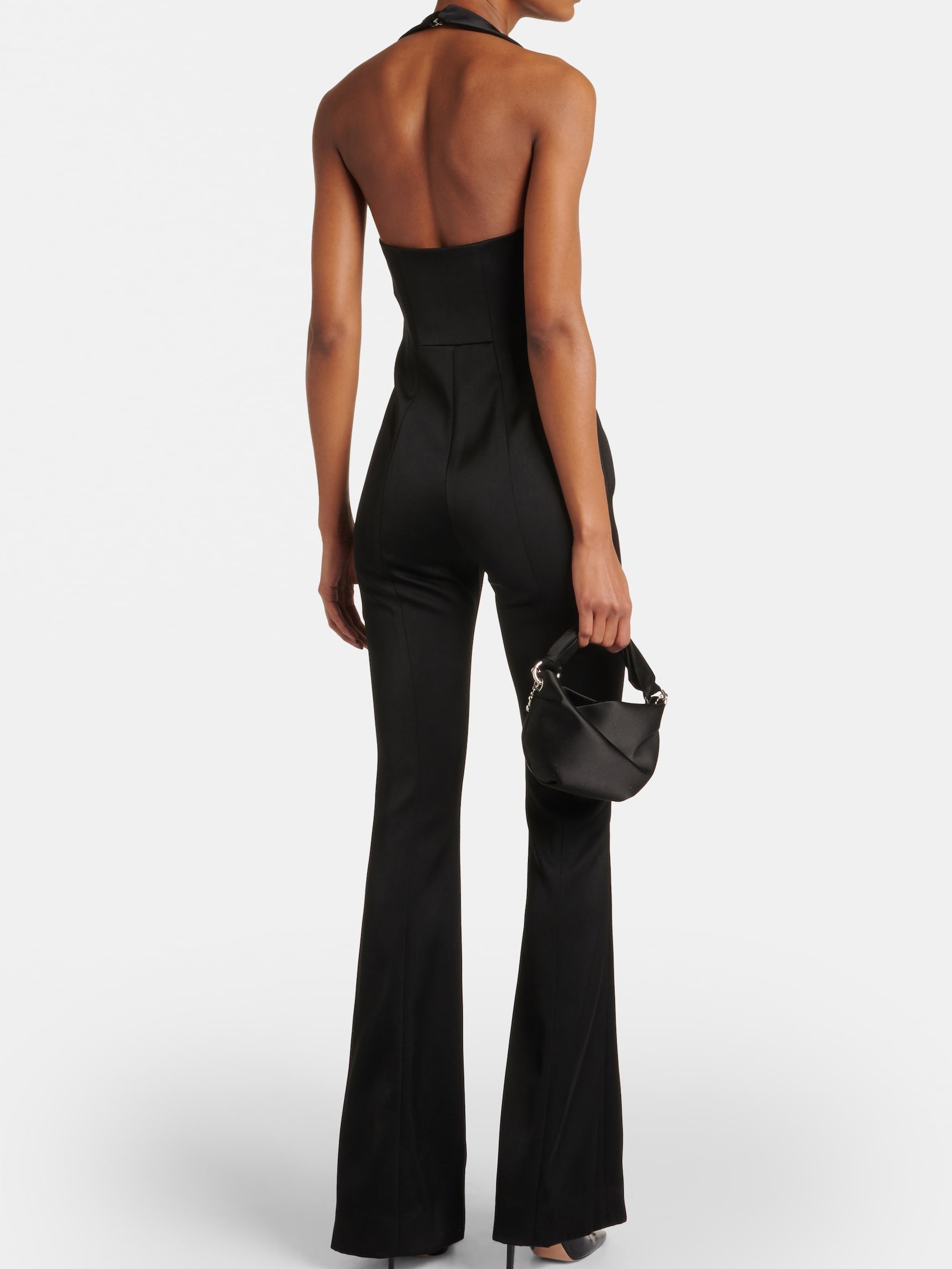 Women Black Halter Sleeveless Backless Wide-Leg Jumpsuit With Bras