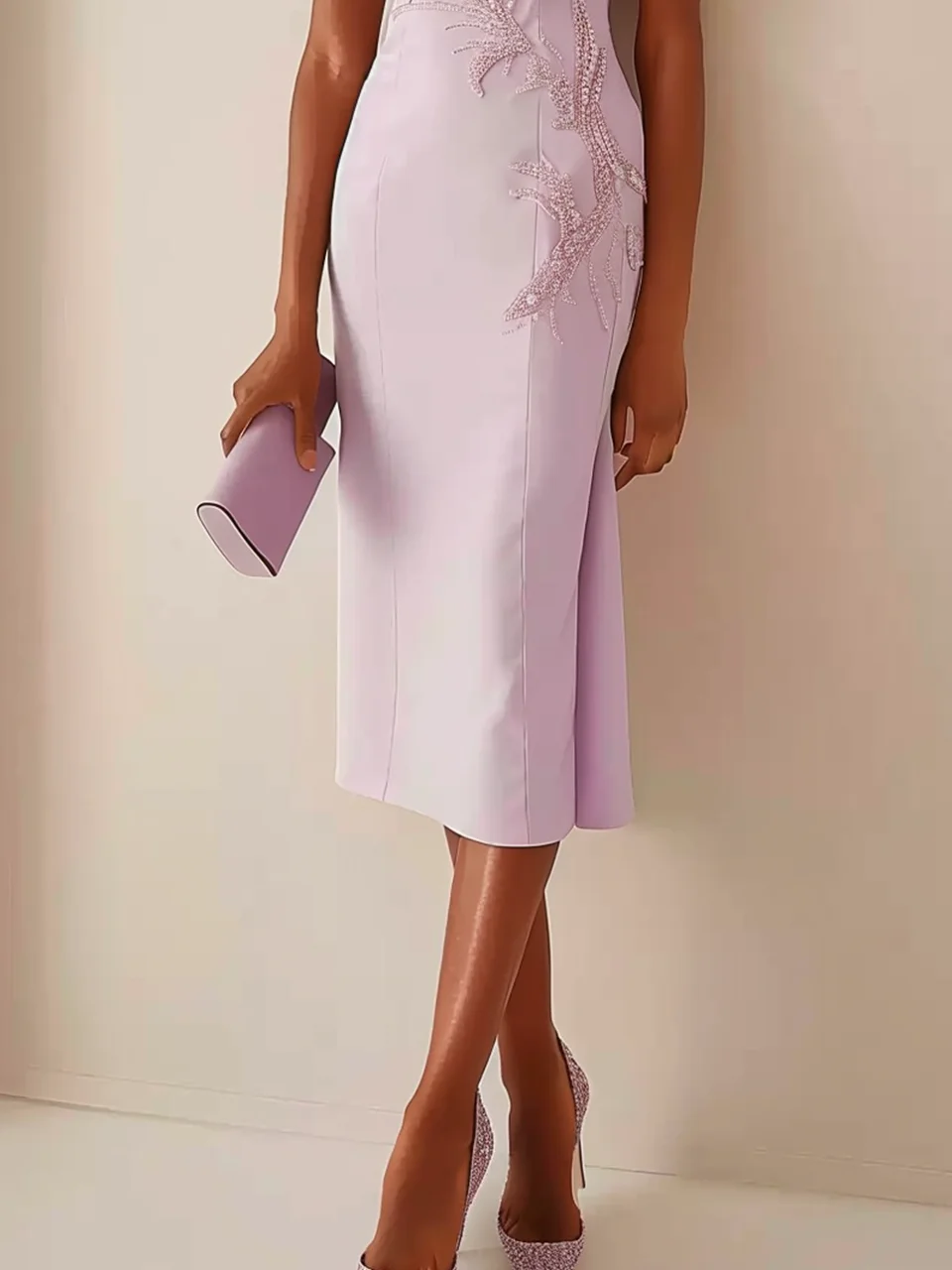 Lavender Purple High Neck Petal Sleeve Sequin Sheath Midi Dress